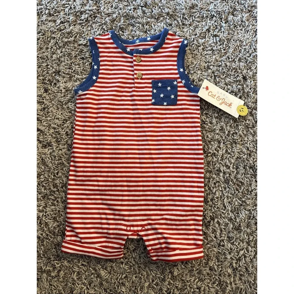 Cat & Jack 6-9M Romper Flag Patriotic Stars Stripes USA 4th July Outfit Boy Baby